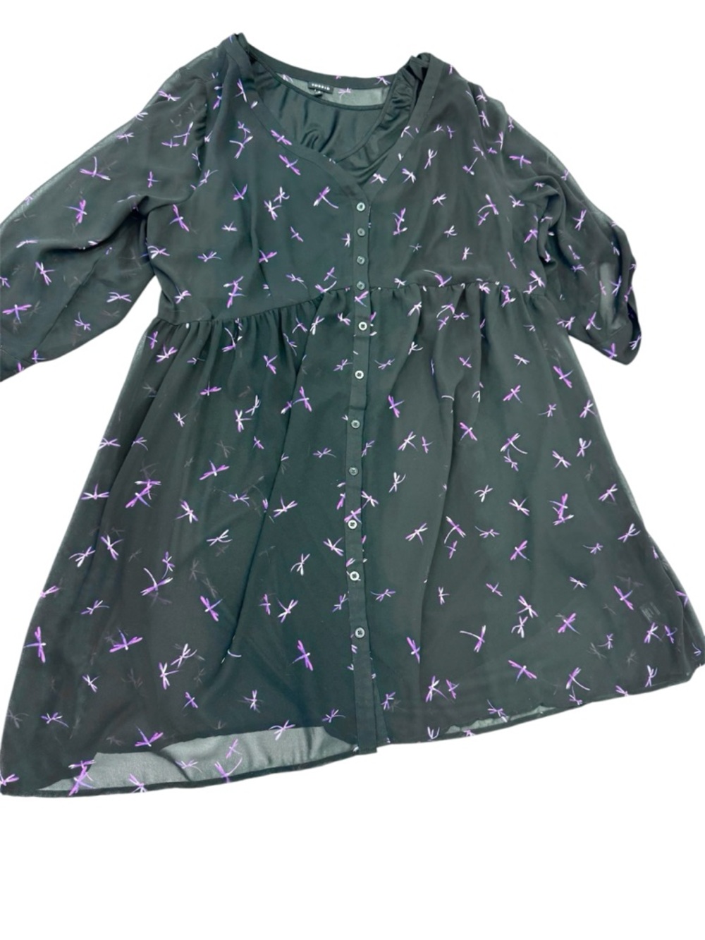Torrid Dragonfly Print Sheer Shirt Dress 3X Black Purple Button Front w Slip
